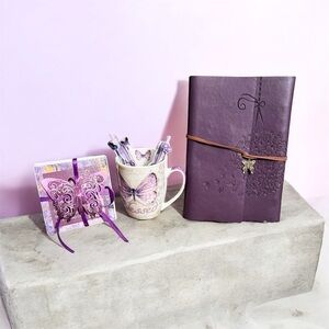 Purple butterfly-themed stationery set. NEW.